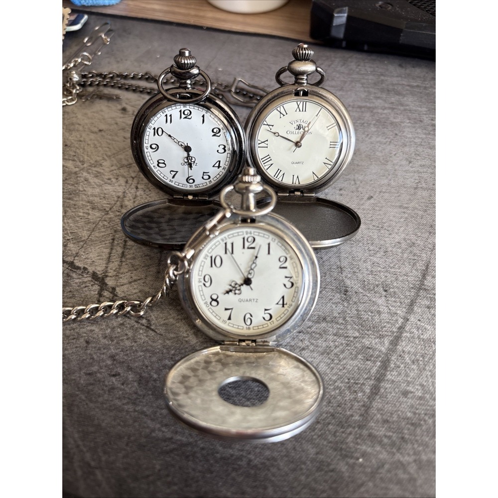 Vintage New York Silver Toned Pocket Watch Bundle with Chain 3 Piece Quartz Set